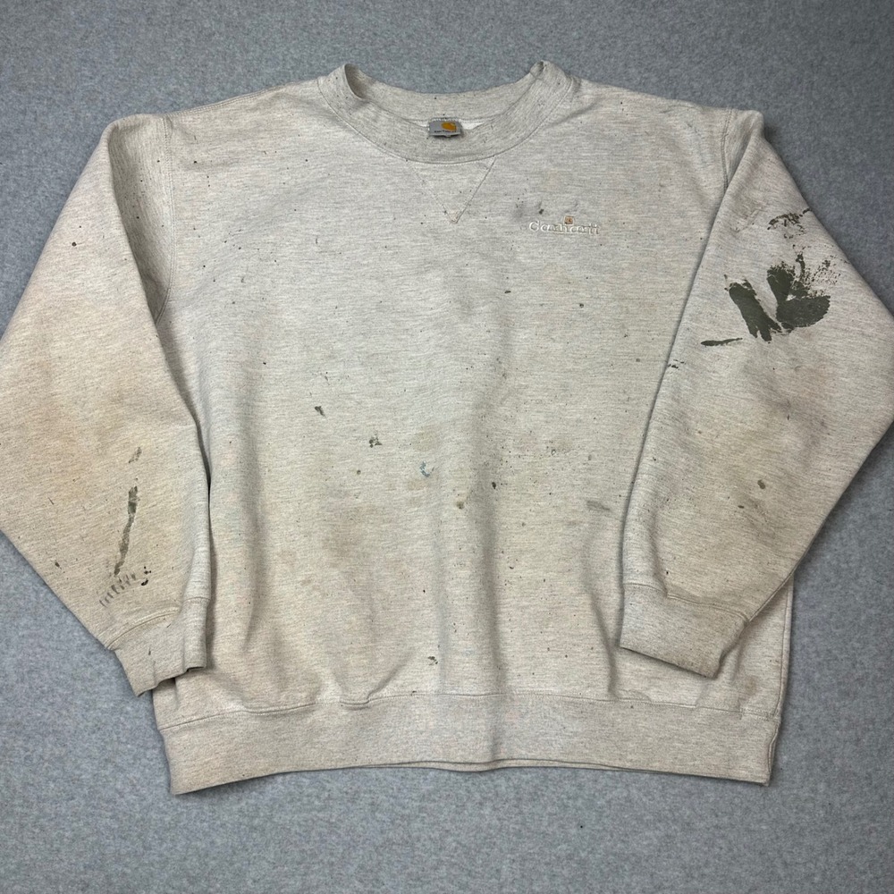 Vintage Carhartt Distressed Paint Splatter Crewneck Sweatshirt Gray‎ Mens XL
